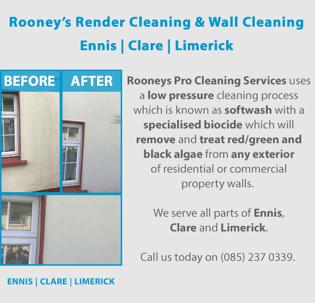 Rooneys Pro Cleaning Services uses a low pressure cleaning process which is known as softwash with a specialised biocide which will remove and treat red/green and black algae from any exterior residential or commercial property walls. We serve Ennis, Clare and Limerick. Call us today on 0852370339.